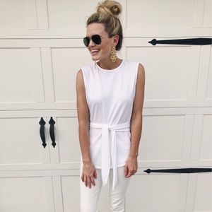 White sleeveless tie front top
